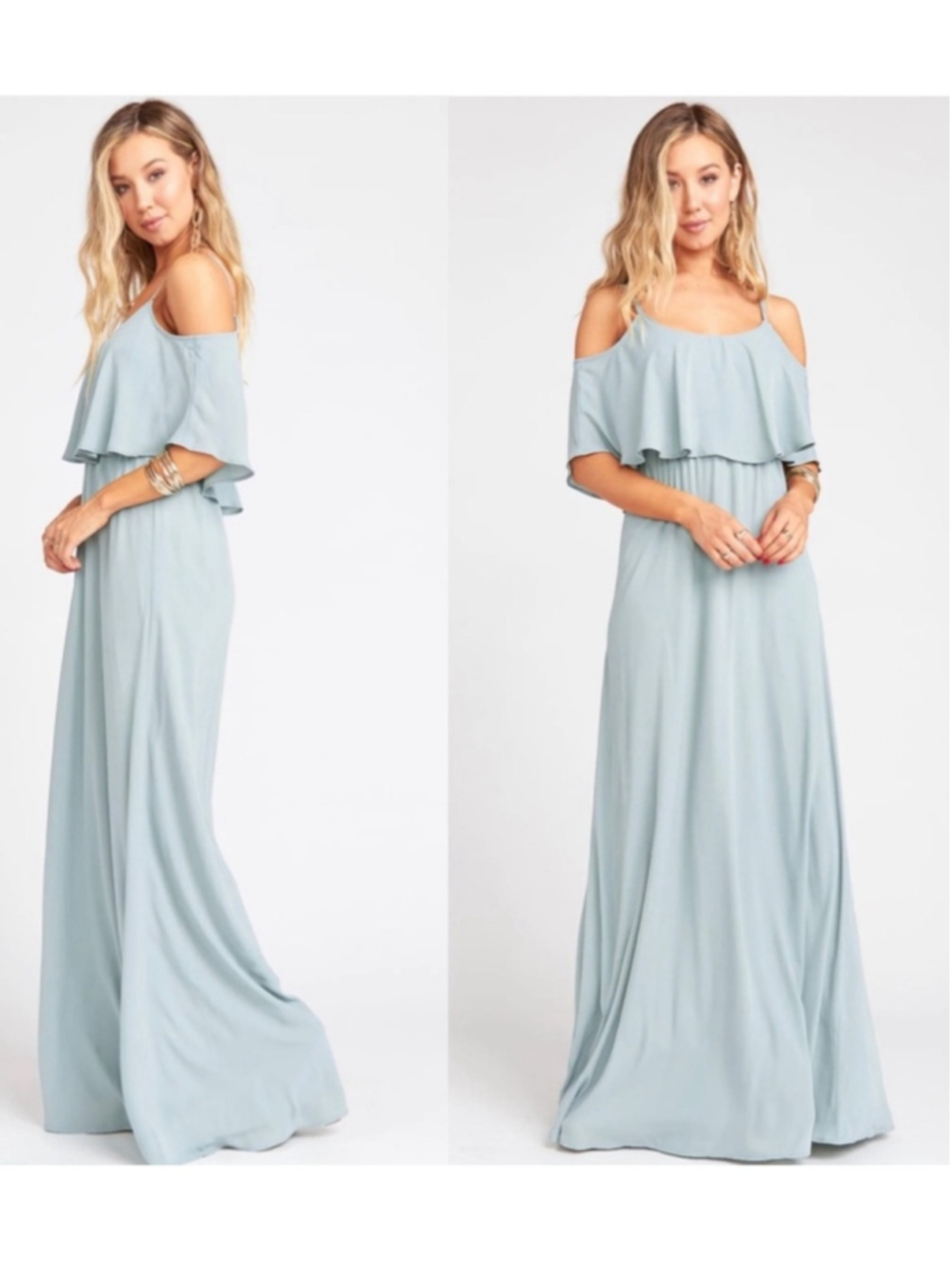 Show Me Your Mumu Light Blue Cold Shoulder Ruffle Maxi Dress NWT With Ring